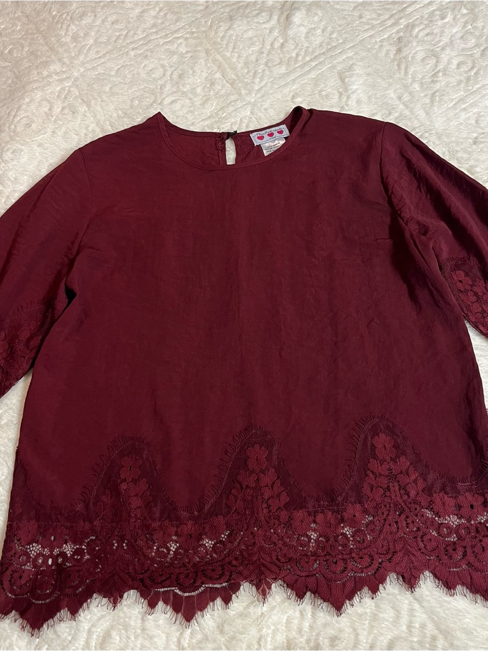 Trixxi Burgundy Lace-Hem Women’s Blouse